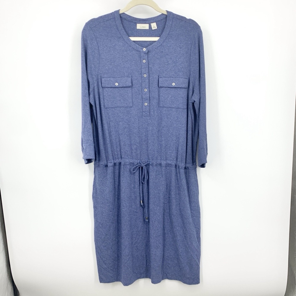 LL Bean Women Size Large Dress Blue Long Sleeve Tie 1/2 Button Jersey Stretch